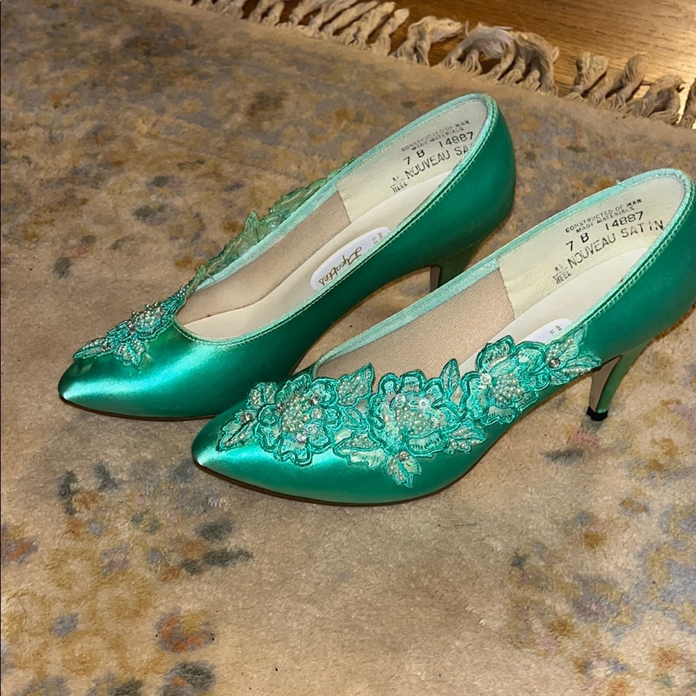 Light Teal Heels with Floral Embellishment
